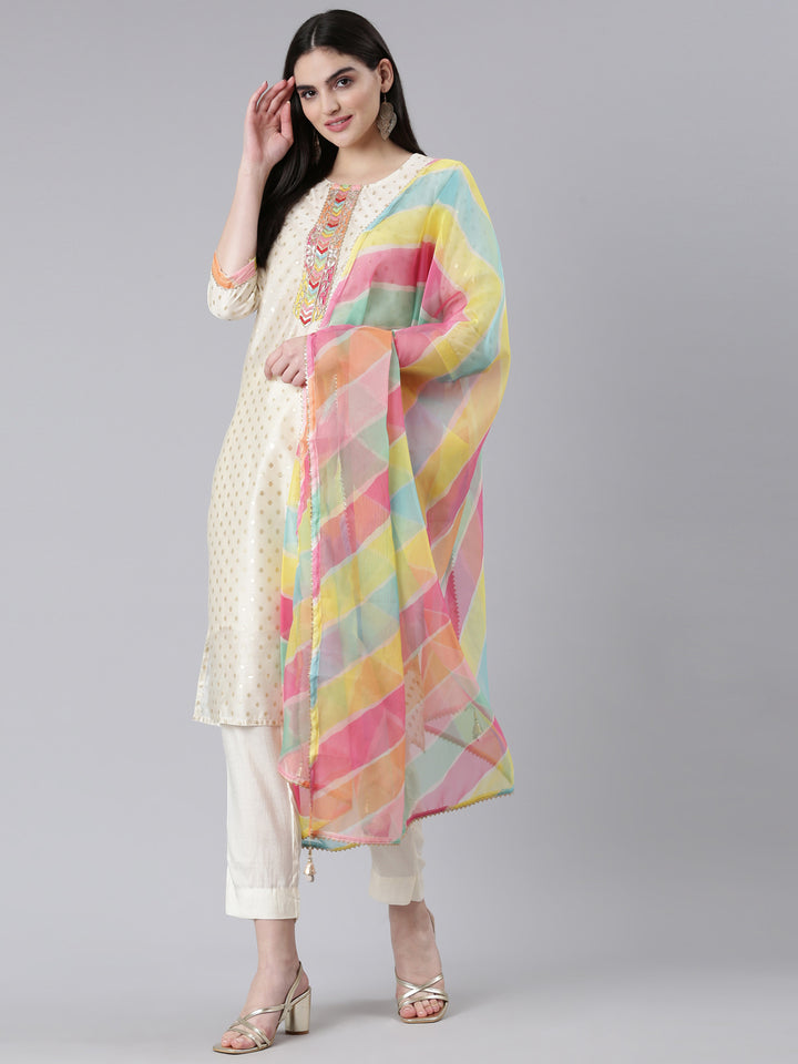 Neerus Beige Chanderi printed kurta set with trouser and dupatta - detail view 2