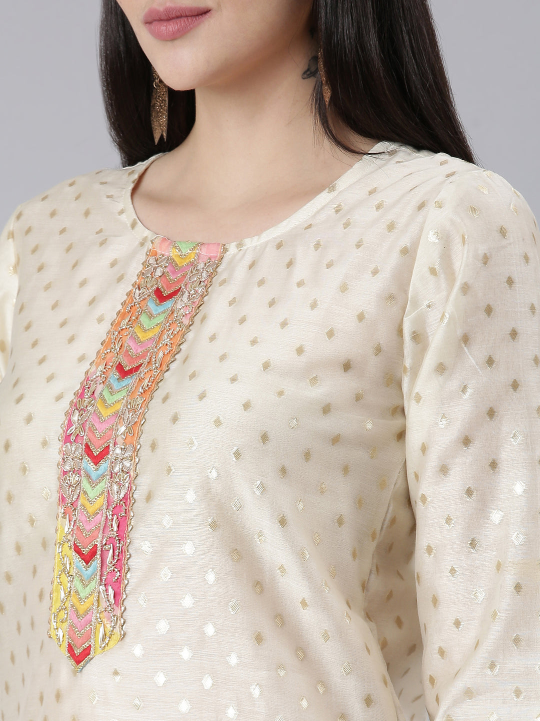 Neerus Beige Chanderi printed kurta set with trouser and dupatta - detail view 1
