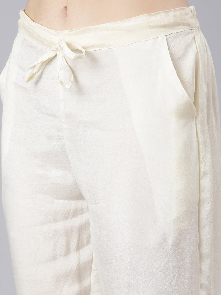 Neerus Beige Chanderi printed kurta set with trouser and dupatta - detail view 3