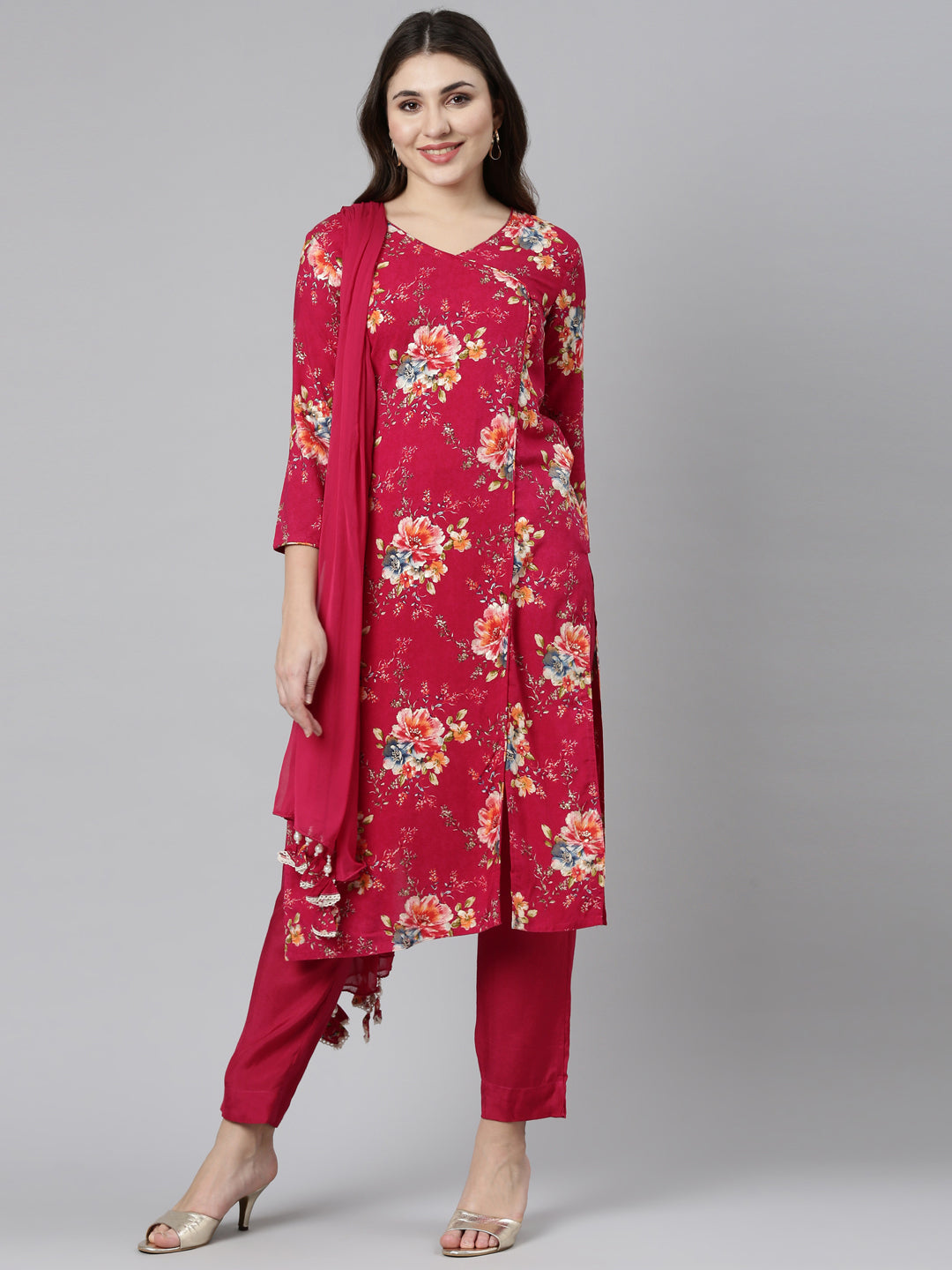 Neerus Magenta Regular Straight Printed Readymade suits