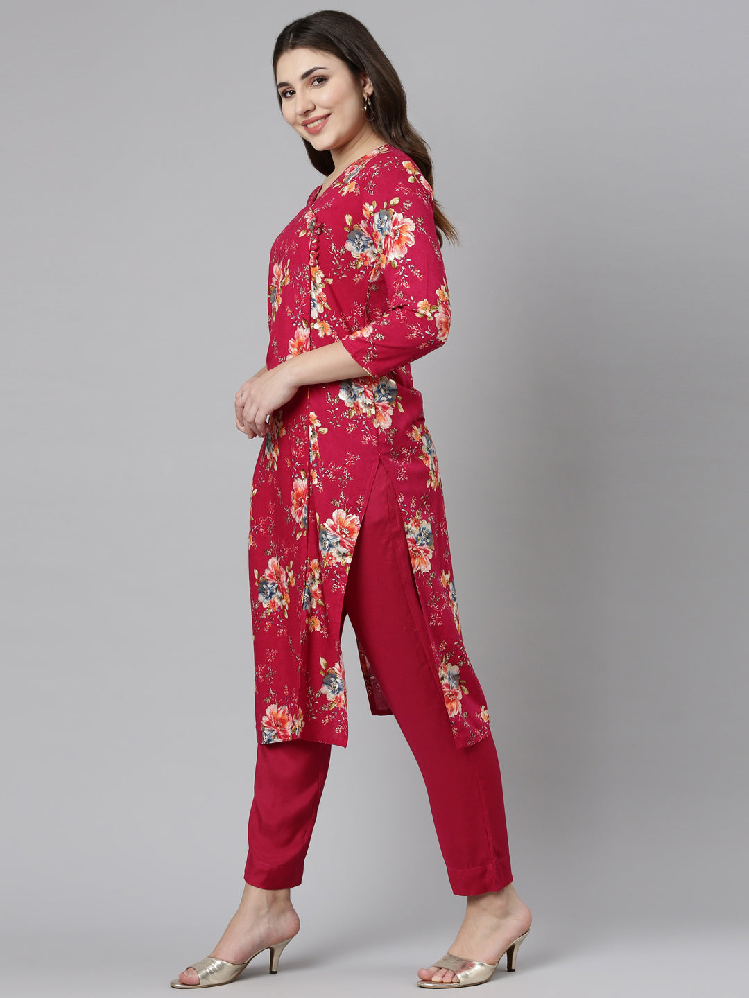 Neerus Magenta Regular Straight Printed Readymade suits