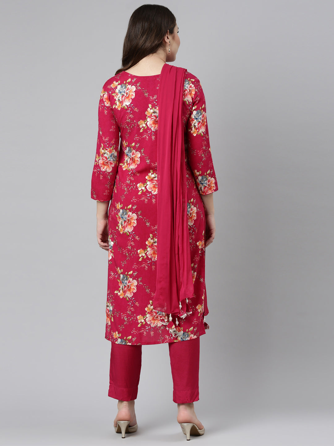 Neerus Magenta Regular Straight Printed Readymade suits