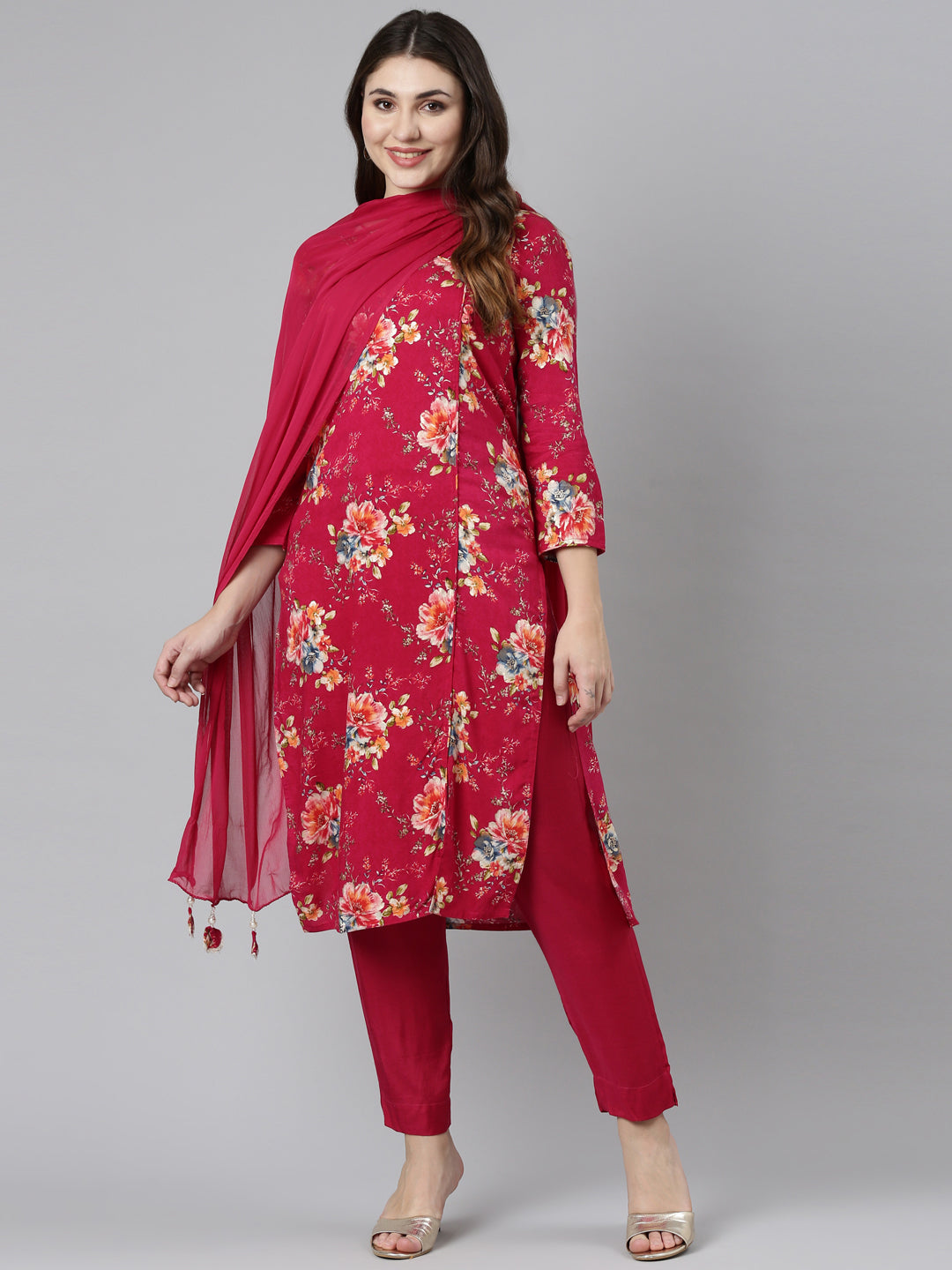 Neerus Magenta Regular Straight Printed Readymade suits