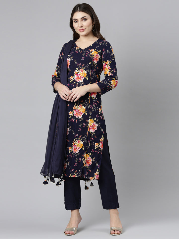 Neerus Navy Blue Regular Straight Printed Kurta And Trousers With Dupatta