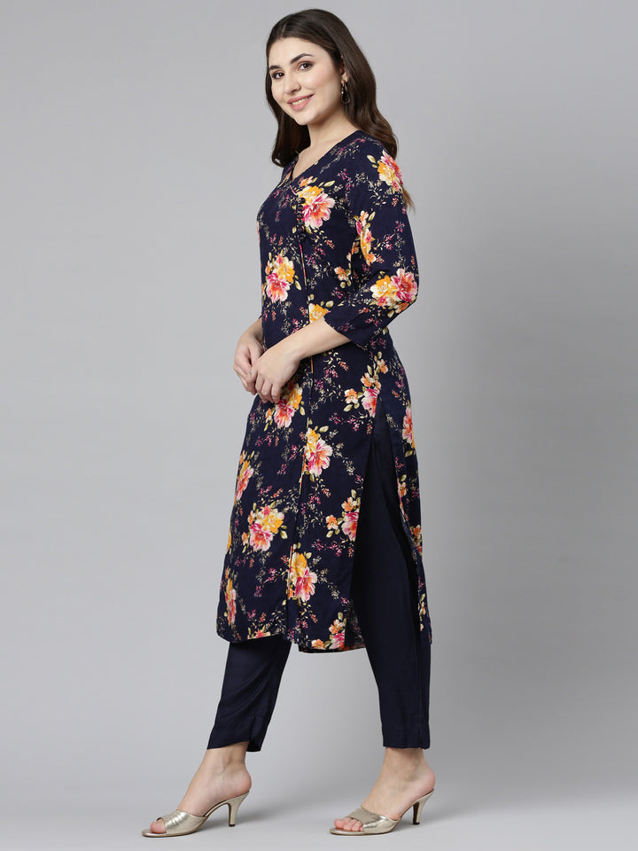 Neerus Navy Blue Regular Straight Printed Kurta And Trousers With Dupatta