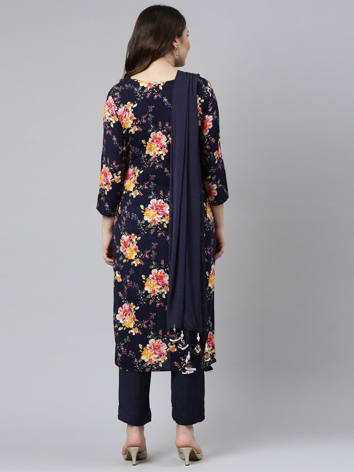 Neerus Navy Blue Regular Straight Printed Kurta And Trousers With Dupatta