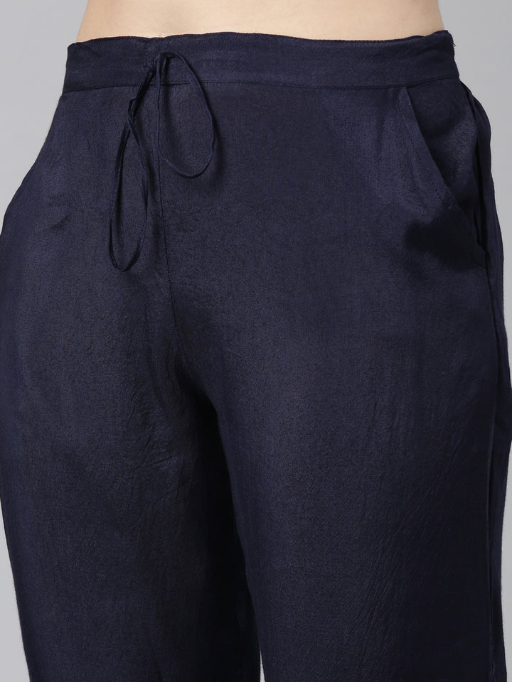 Neerus Navy Blue Regular Straight Printed Kurta And Trousers With Dupatta