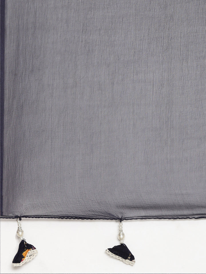 Neerus Navy Blue Regular Straight Printed Kurta And Trousers With Dupatta