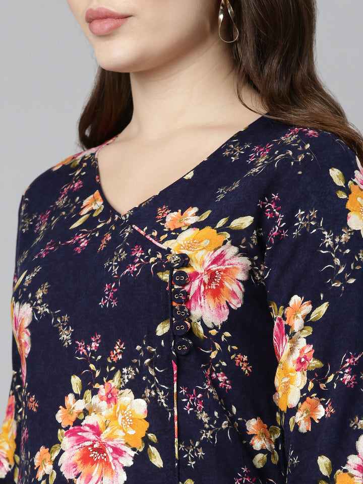 Neerus Navy Blue Regular Straight Printed Kurta And Trousers With Dupatta