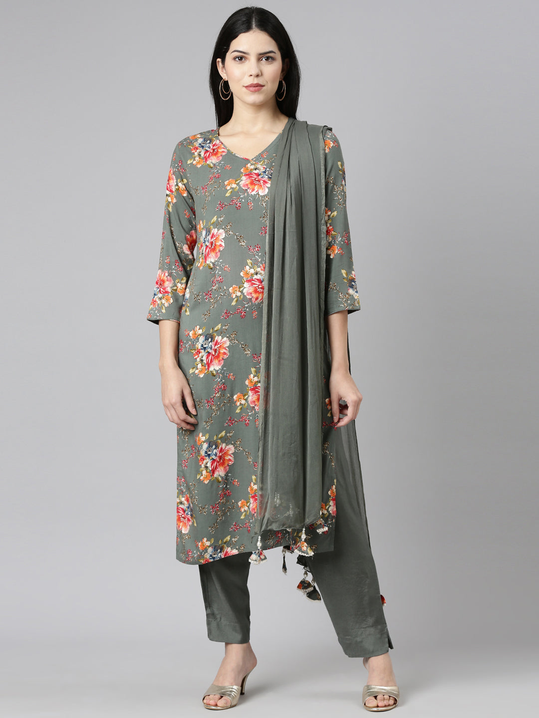 Neerus Green printed straight kurta set with dupatta - front view