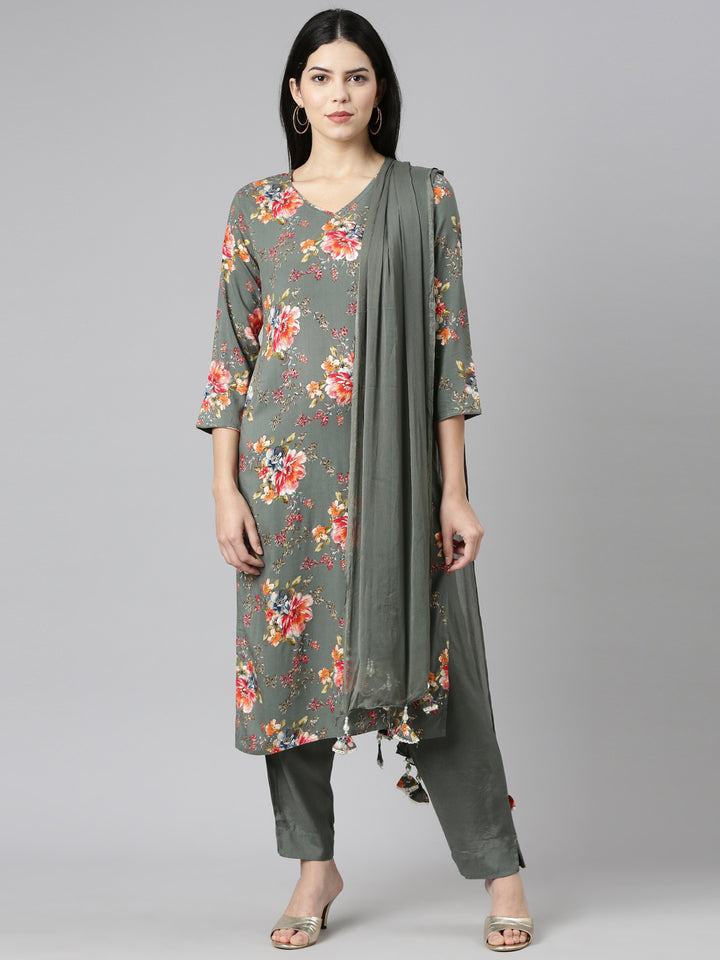 Neerus Green printed straight kurta set with dupatta - front view