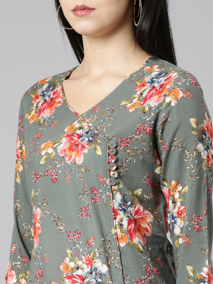 Neerus Green printed straight kurta set with dupatta - detail view 1
