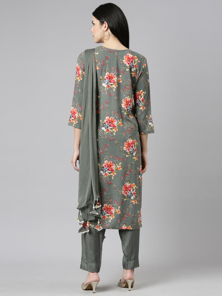 Neerus Green printed straight kurta set with dupatta - side view