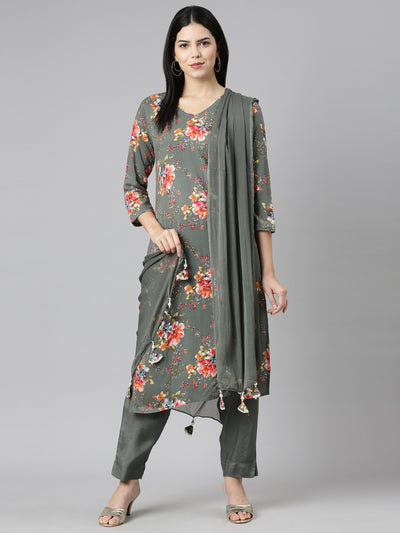Neeru's Olive Regular Straight Printed Kurta And Trousers With Dupatta