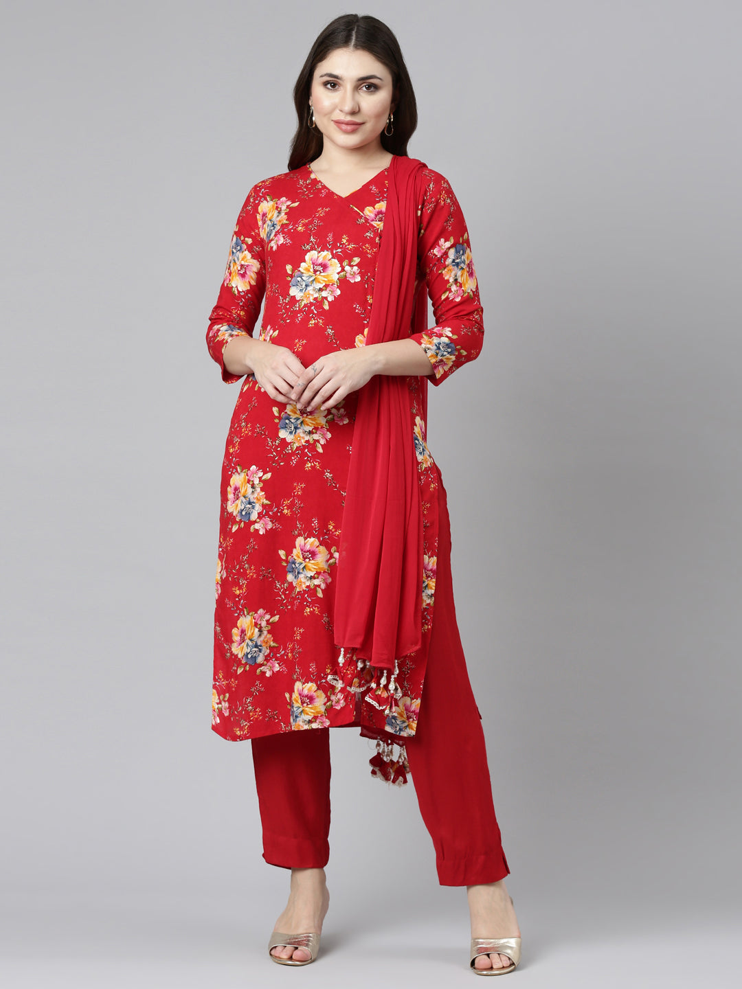 Neerus Red printed straight kurta set with dupatta - front view