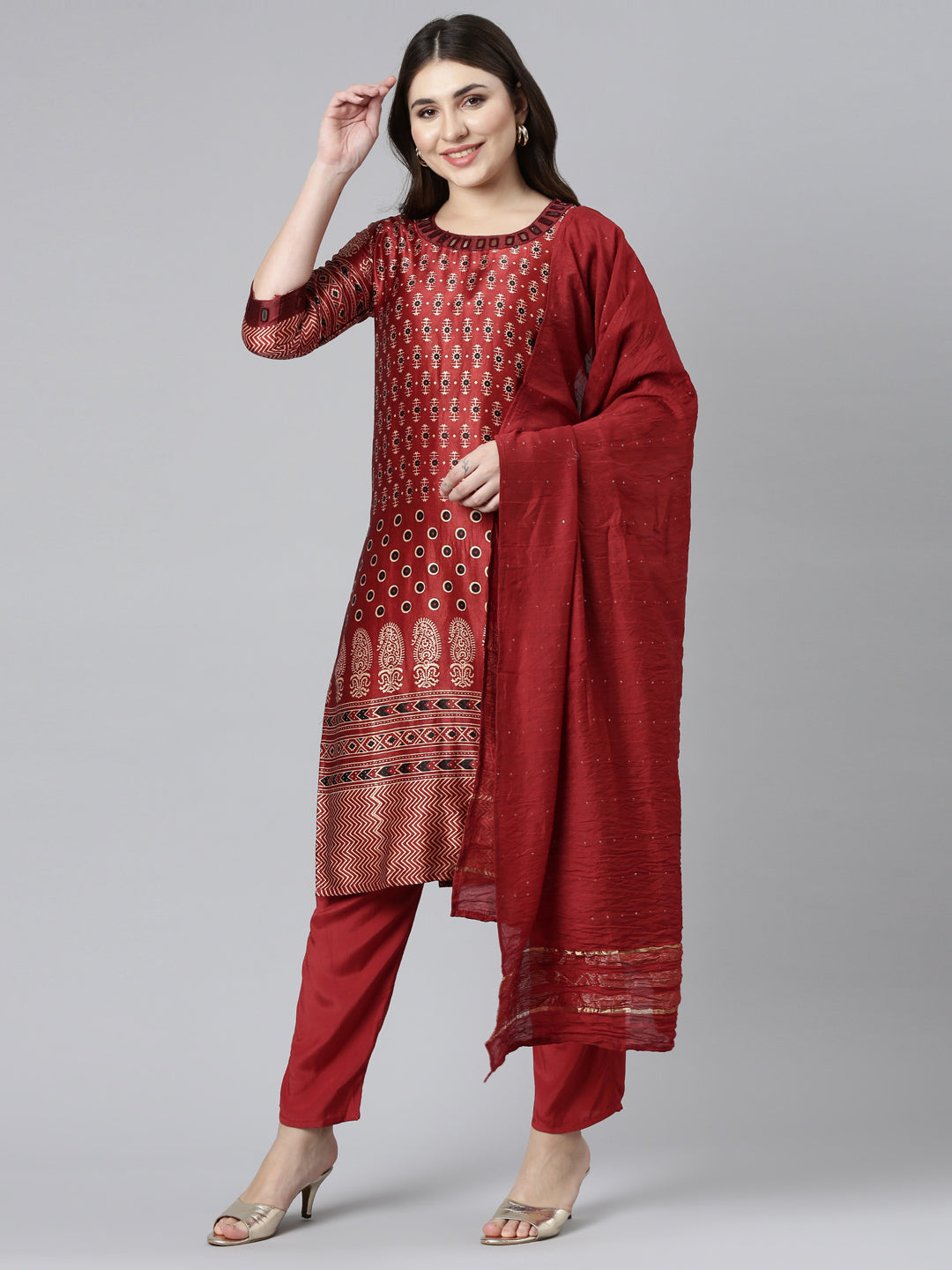 Neerus Maroon printed straight kurta set - front view