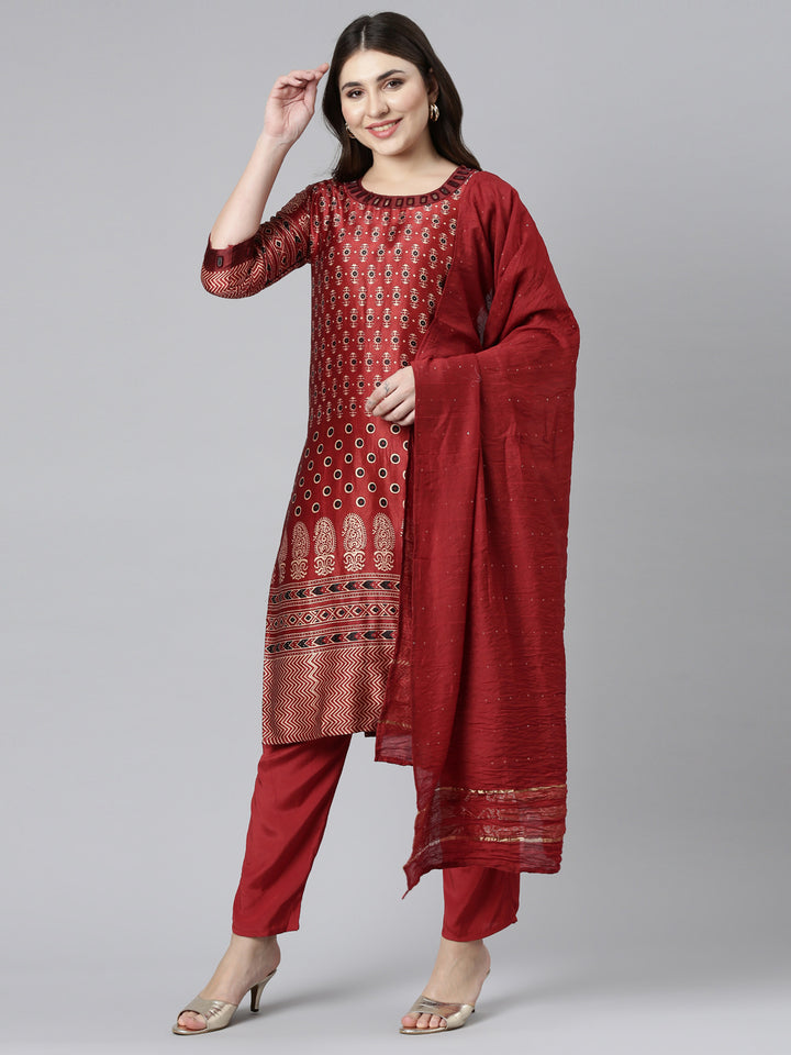 Neerus Maroon printed straight kurta set - front view