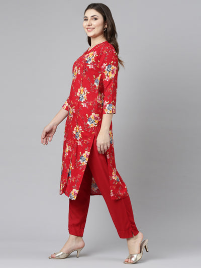 Neerus Red Regular Straight Printed Kurta And Trousers With Dupatta