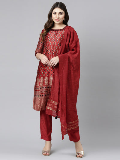 Neeru's Maroon Regular Straight Printed Readymade suits