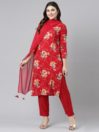Neerus Red Regular Straight Printed Kurta And Trousers With Dupatta