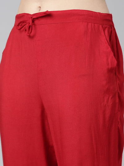 Neerus Red Regular Straight Printed Kurta And Trousers With Dupatta