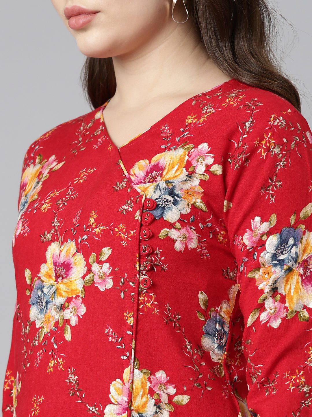 Neerus Red printed straight kurta set with dupatta - detail view 1