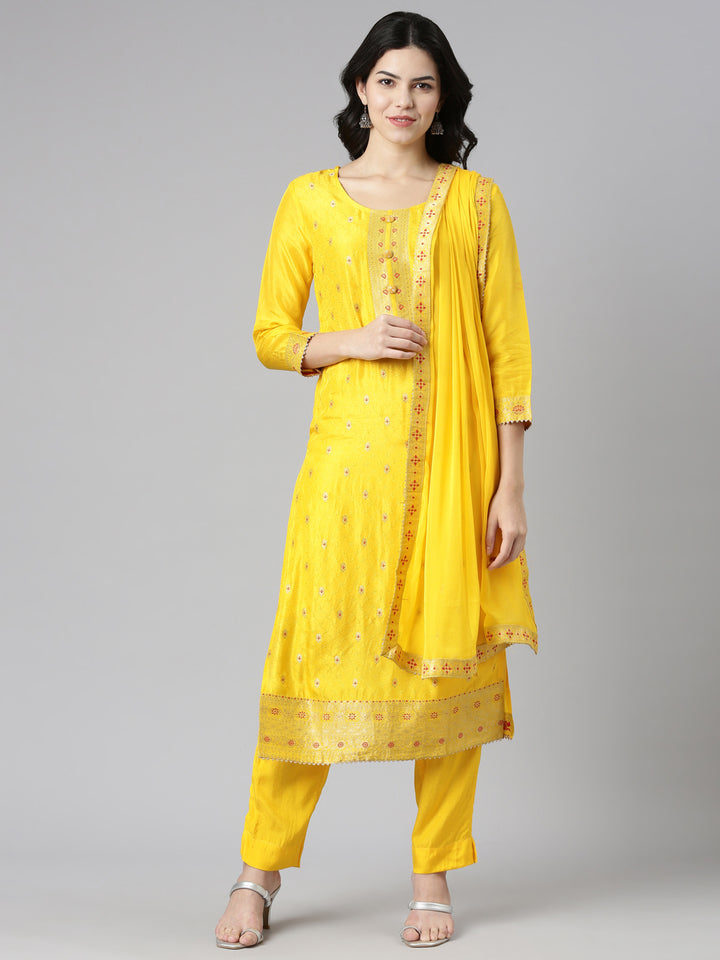 Neerus Yellow Regular Straight Printed Kurta And Trousers With Dupatta