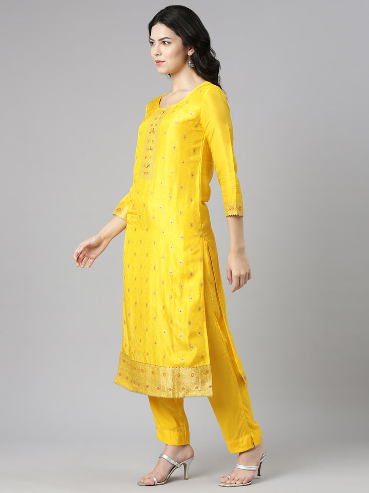 Neerus Yellow Regular Straight Printed Kurta And Trousers With Dupatta