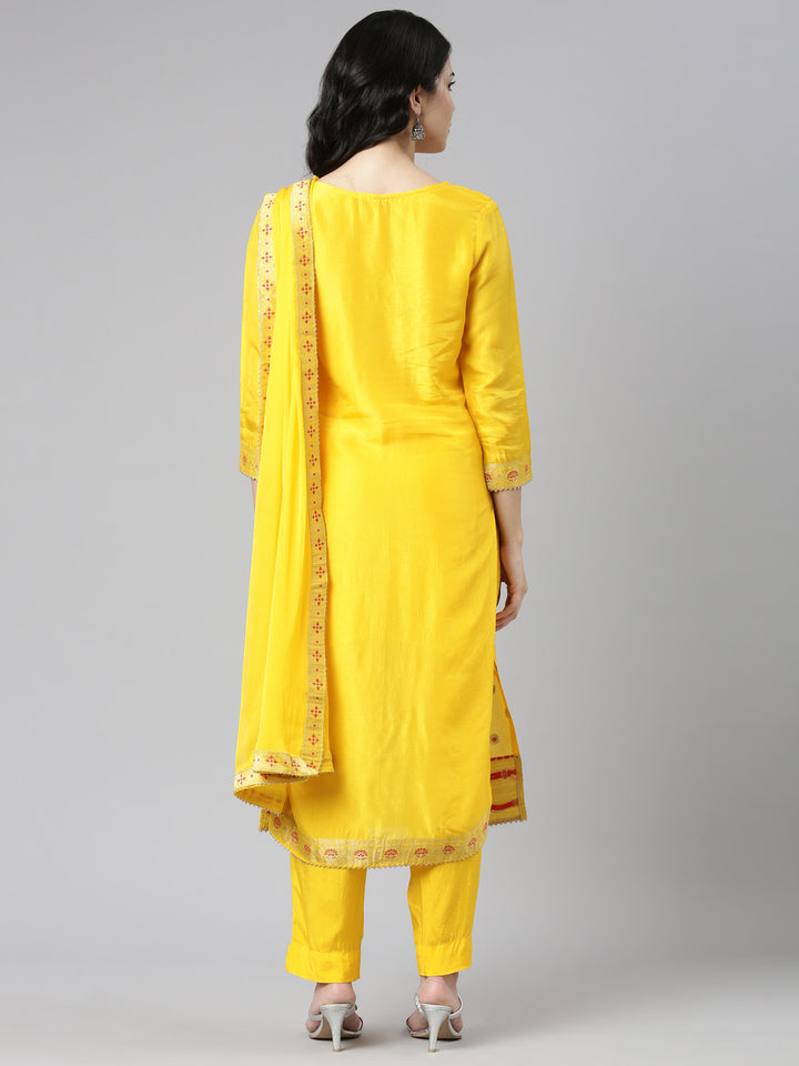 Neerus Yellow Regular Straight Printed Kurta And Trousers With Dupatta