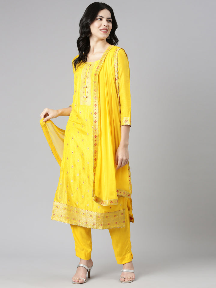 Neerus Yellow Regular Straight Printed Kurta And Trousers With Dupatta
