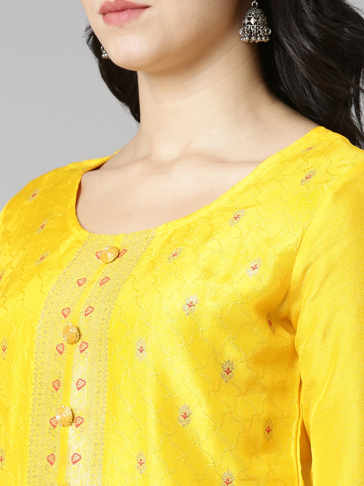 Neerus Yellow Regular Straight Printed Kurta And Trousers With Dupatta