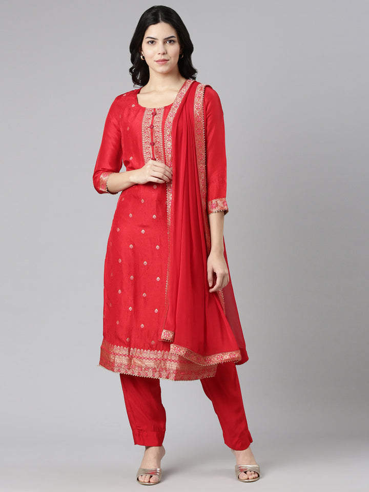 Neerus Red printed straight kurta set with dupatta - front view