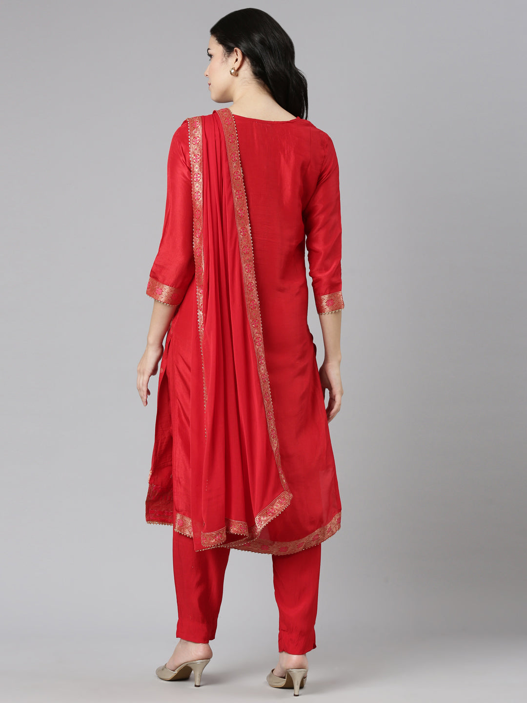Neerus Red printed straight kurta set with dupatta - side view