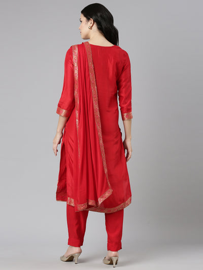 Neeru's Red Regular Straight Printed Kurta And Trousers With Dupatta