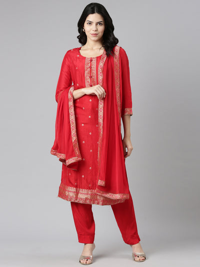 Neeru's Red Regular Straight Printed Kurta And Trousers With Dupatta