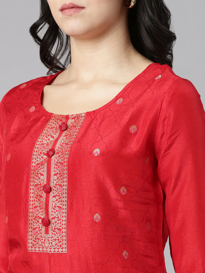 Neeru's Red Regular Straight Printed Kurta And Trousers With Dupatta