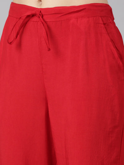 Neeru's Red Regular Straight Printed Kurta And Trousers With Dupatta