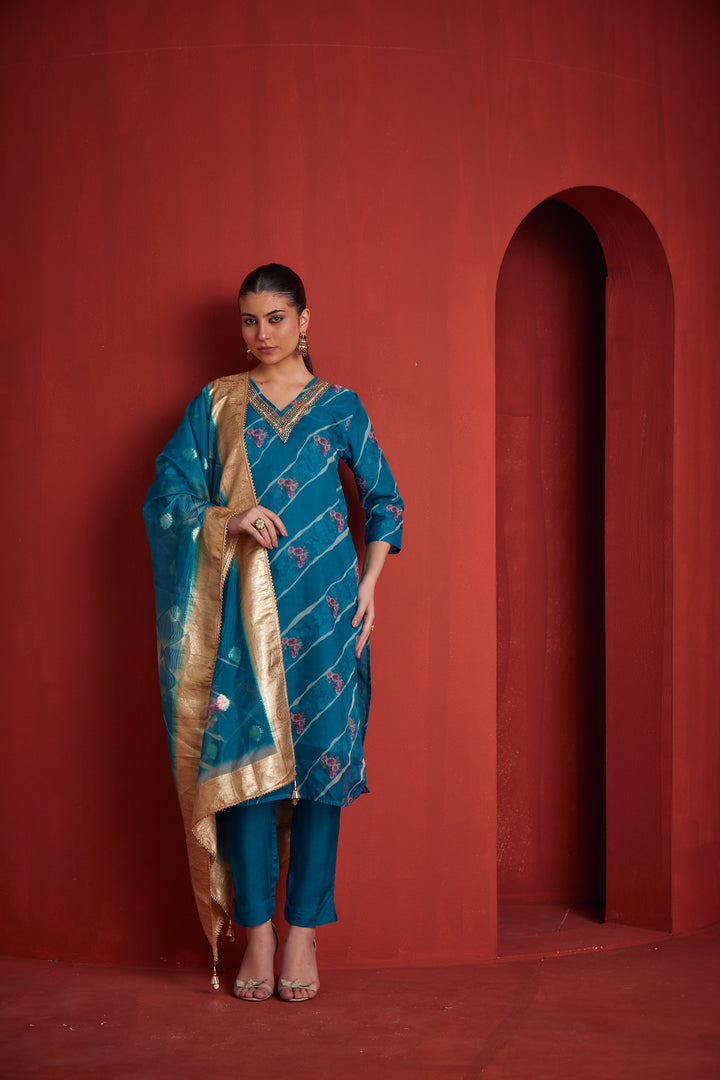 Neerus Womens Rama Color Chanderi Fabric Kurta Set