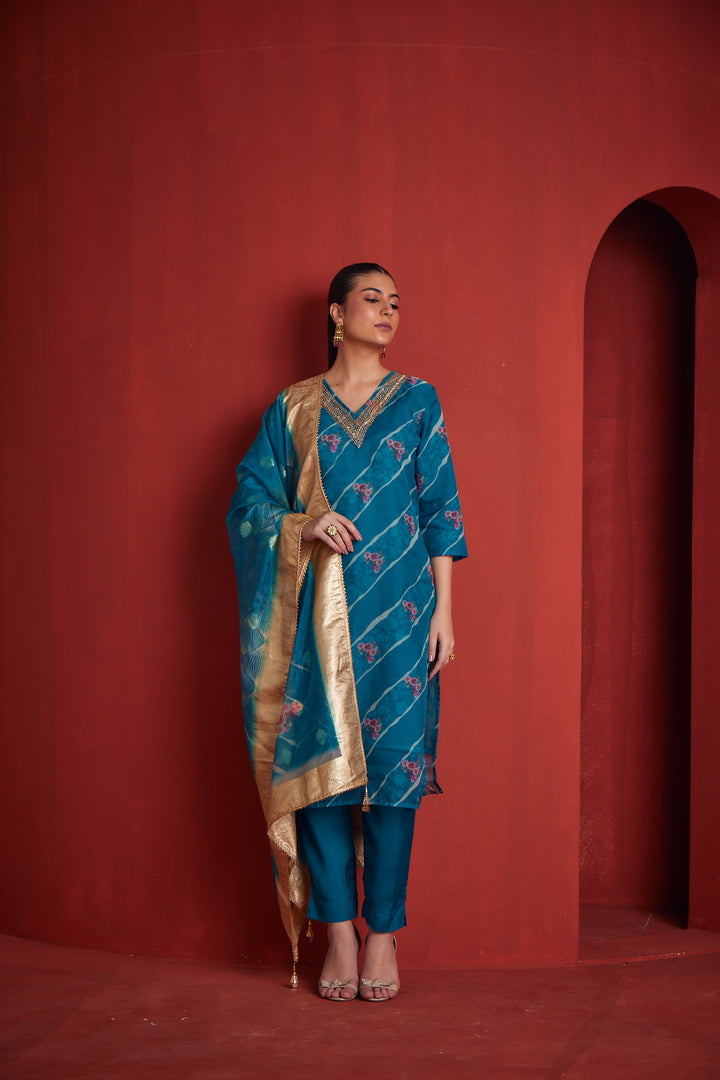 Neerus Womens Rama Color Chanderi Fabric Kurta Set