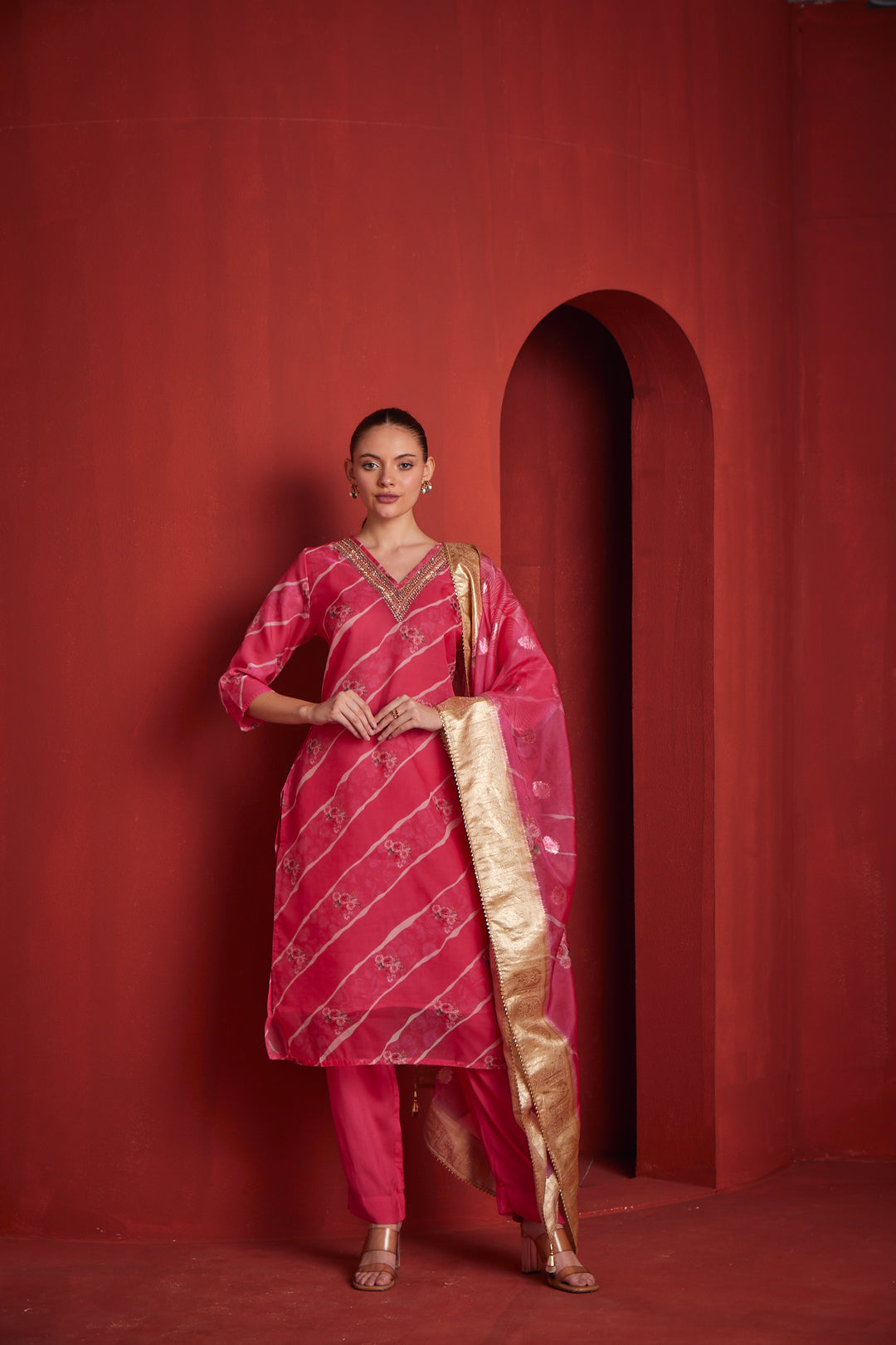 Neerus Womens Red Color Chanderi Fabric Kurta Set