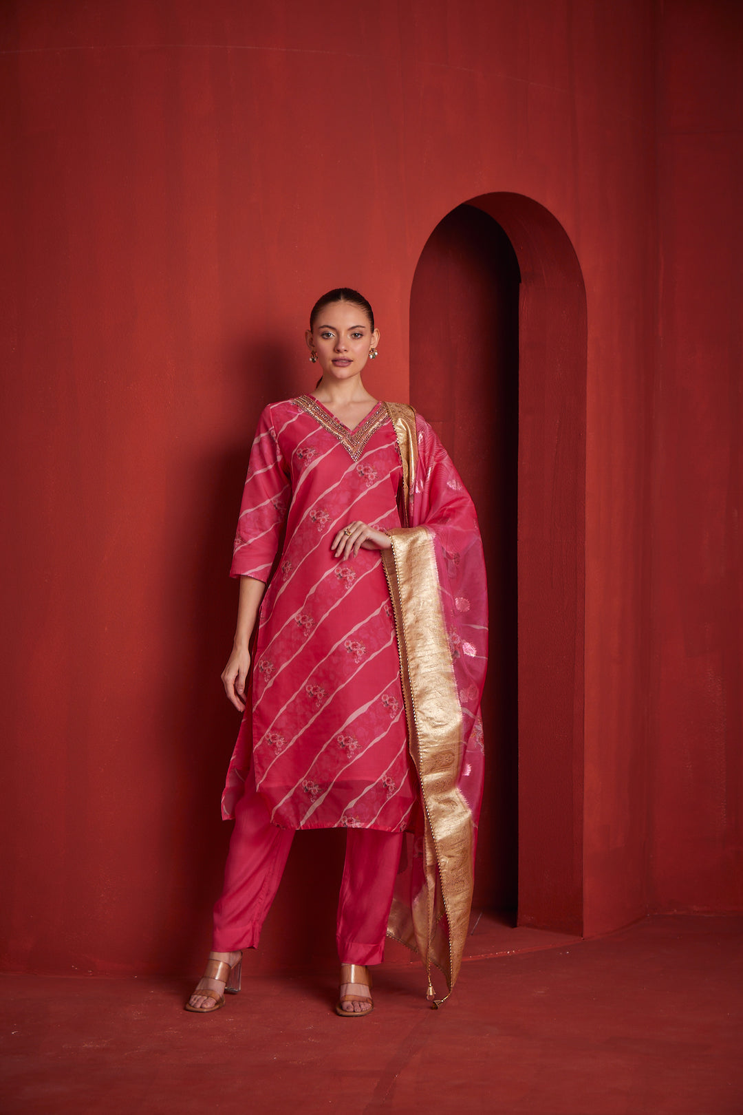 Neerus Womens Red Color Chanderi Fabric Kurta Set