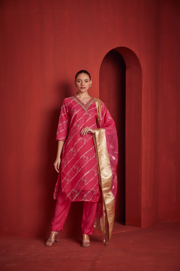 Neerus Womens Red Color Chanderi Fabric Kurta Set