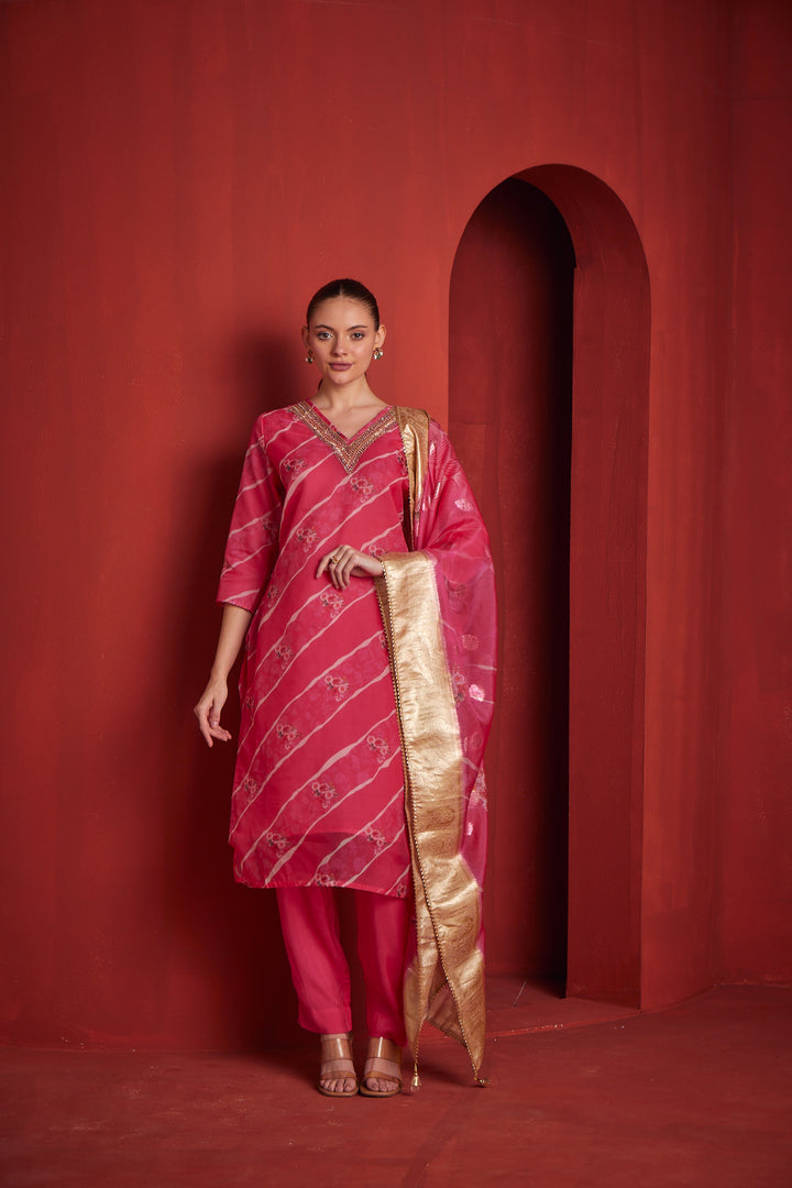 Neerus Womens Red Color Chanderi Fabric Kurta Set