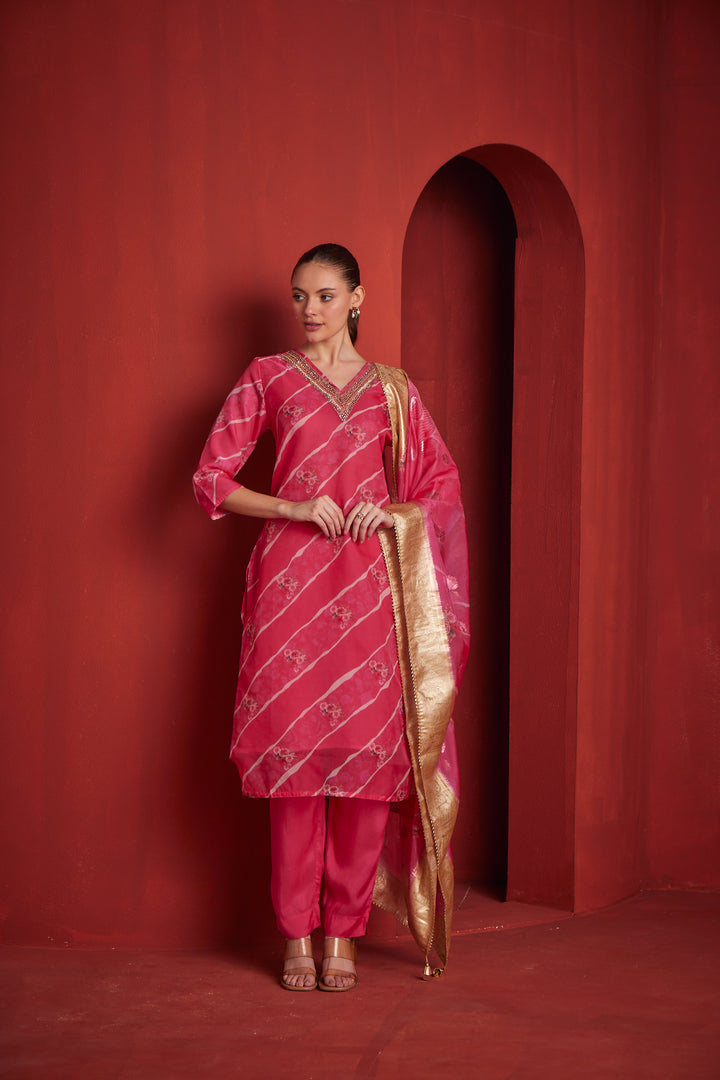 Neerus Womens Red Color Chanderi Fabric Kurta Set