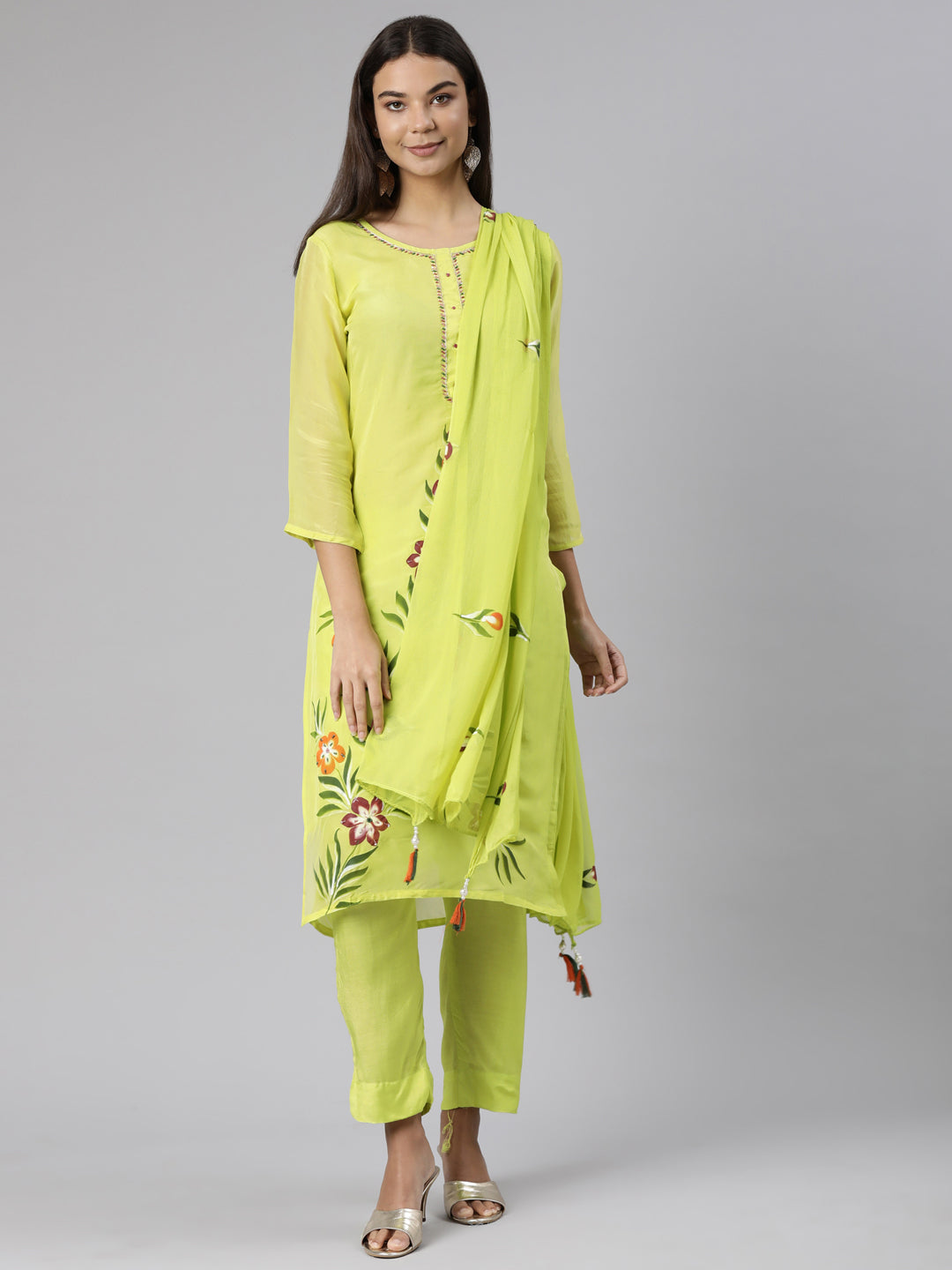 Neerus Green Regular Straight Floral Kurta And Trousers With Dupatta