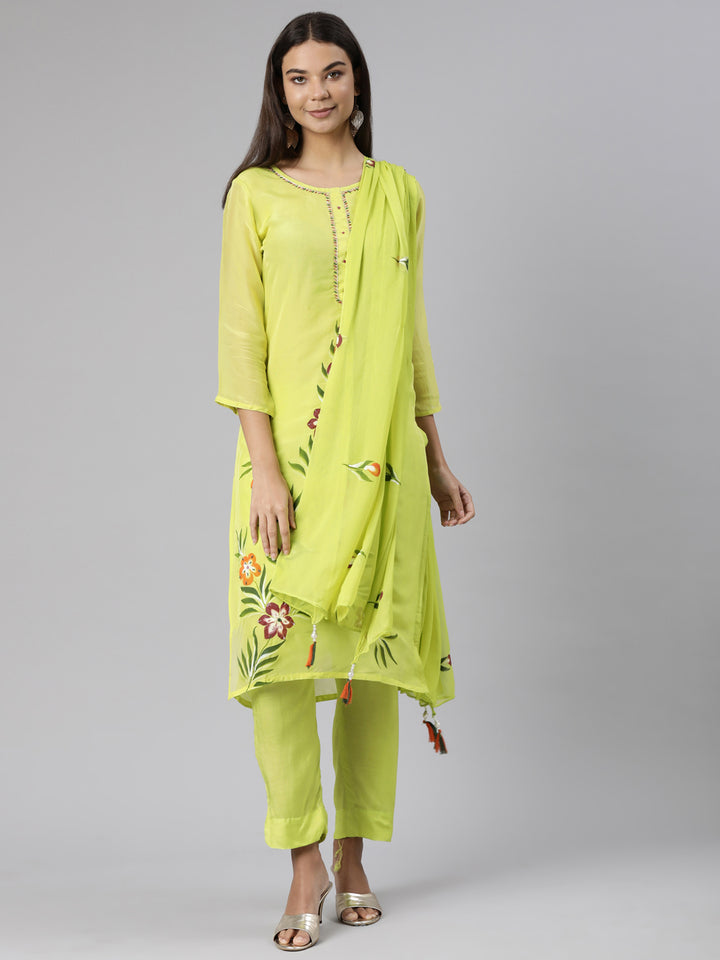 Neerus Green Regular Straight Floral Kurta And Trousers With Dupatta