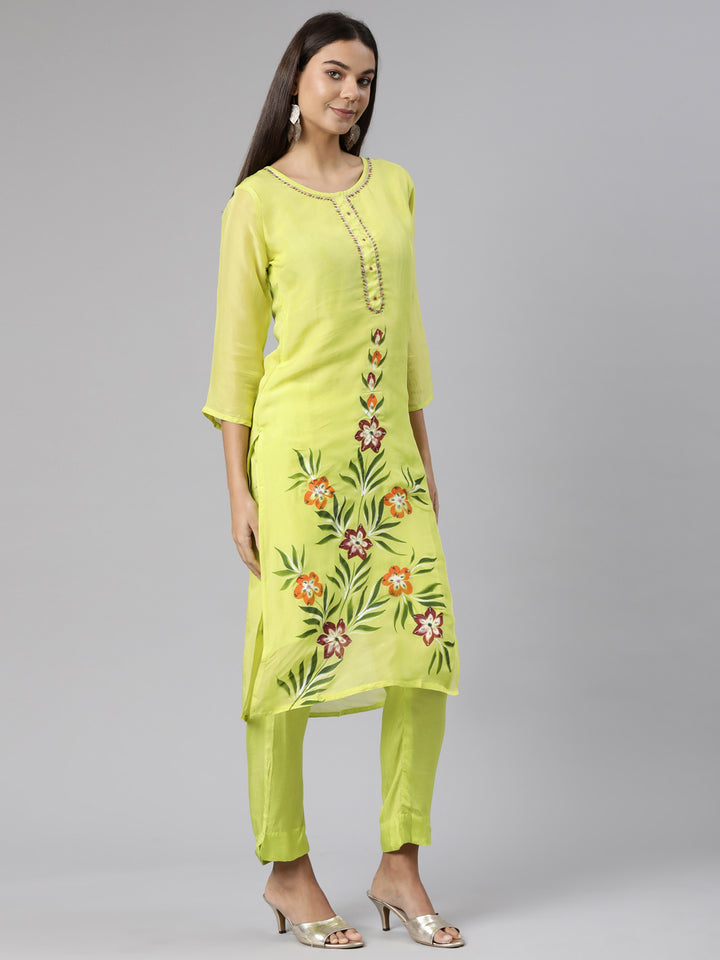 Neerus Green Regular Straight Floral Kurta And Trousers With Dupatta