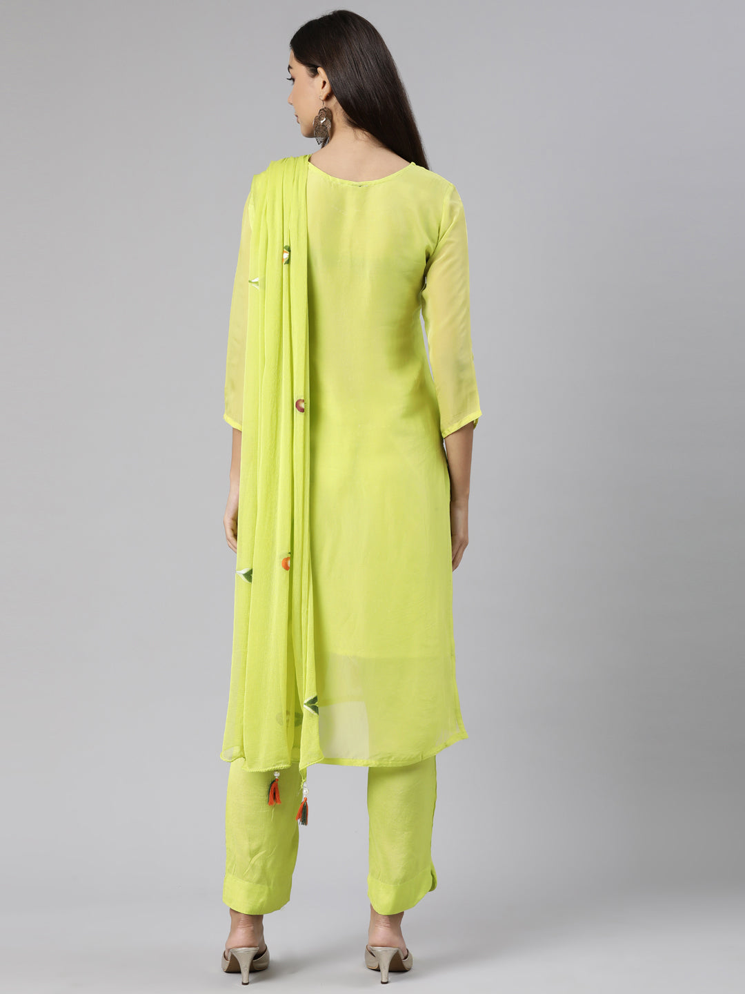 Neerus Green Regular Straight Floral Kurta And Trousers With Dupatta