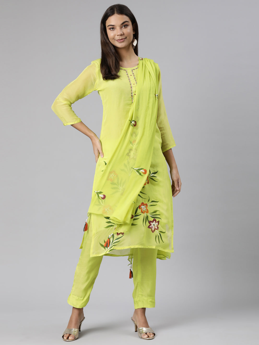 Neerus Green Regular Straight Floral Kurta And Trousers With Dupatta