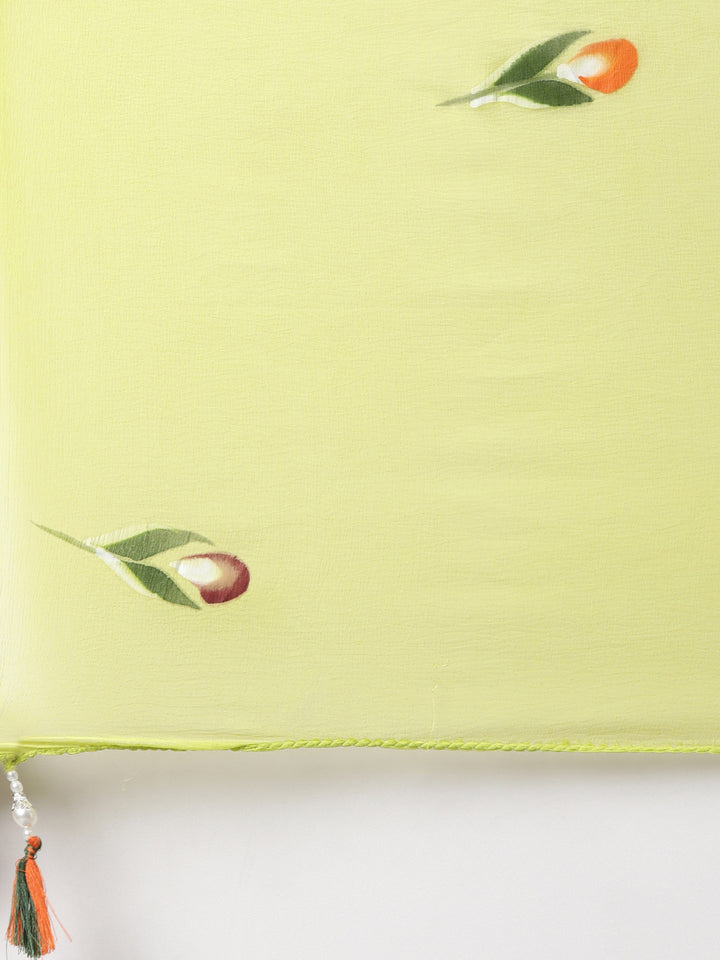 Neerus Green Regular Straight Floral Kurta And Trousers With Dupatta